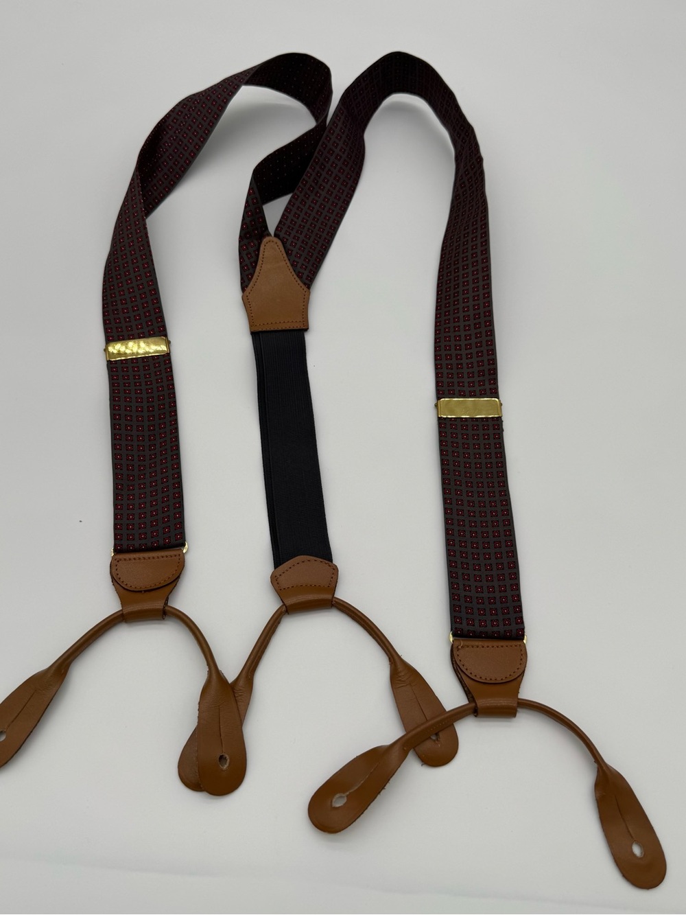 Men’s Red/Gray‎ Patterned Suspenders with Tan Leather Trim